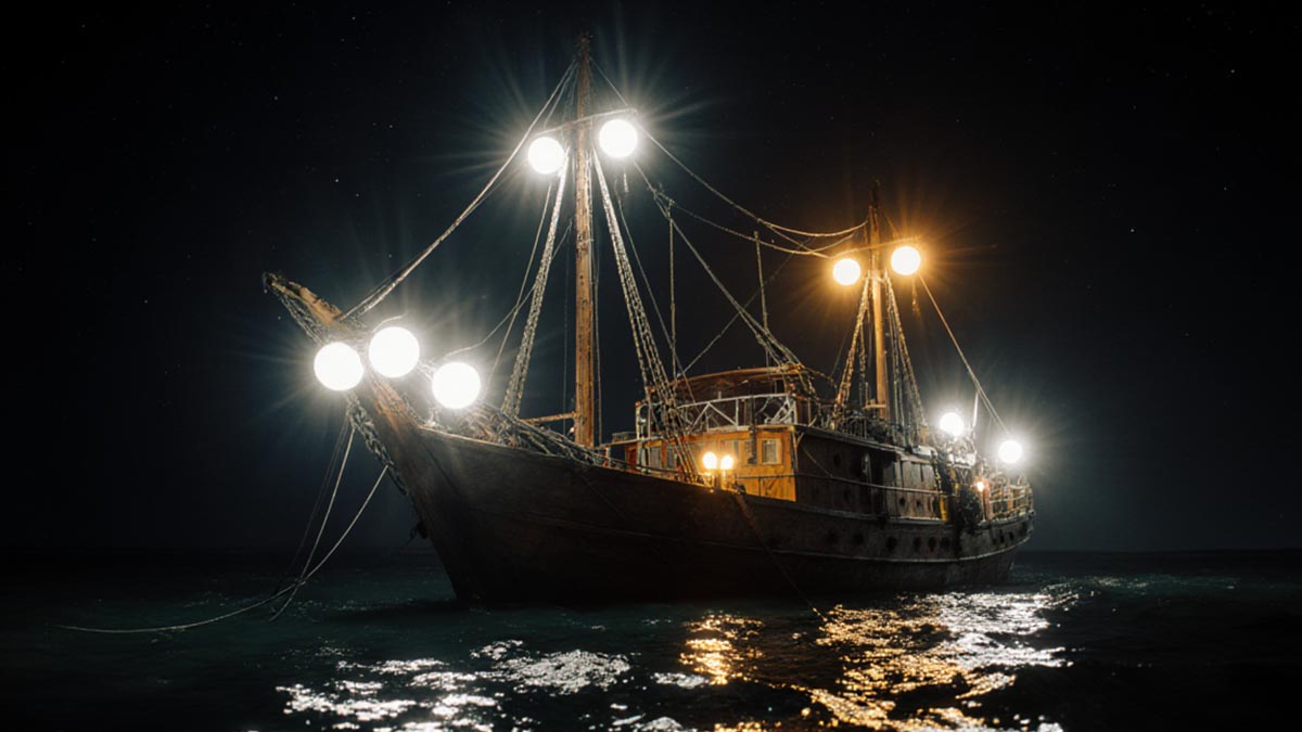 Fishing boat using powerful artificial lights for night light fishing in the Arabian Sea