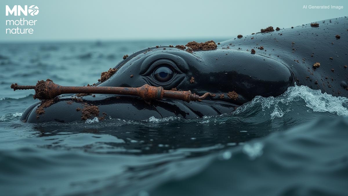 زندہ وہیل کے جسم میں 19ویں صدی کا ہارپون پھنسا ہوا