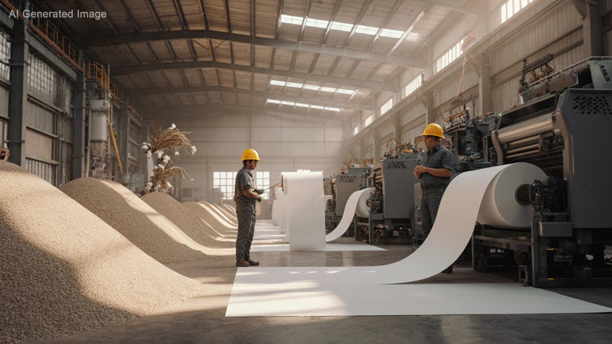 چین میں تیار کیا جانے والا ماحول دوست سٹون پیپر جو صحرائی ریت اور زرعی فضلے سے بنایا گیا ہے، فیکٹری میں جدید مشینوں کے ذریعے سفید کاغذ میں تبدیل ہوتا ہوا منظر۔
