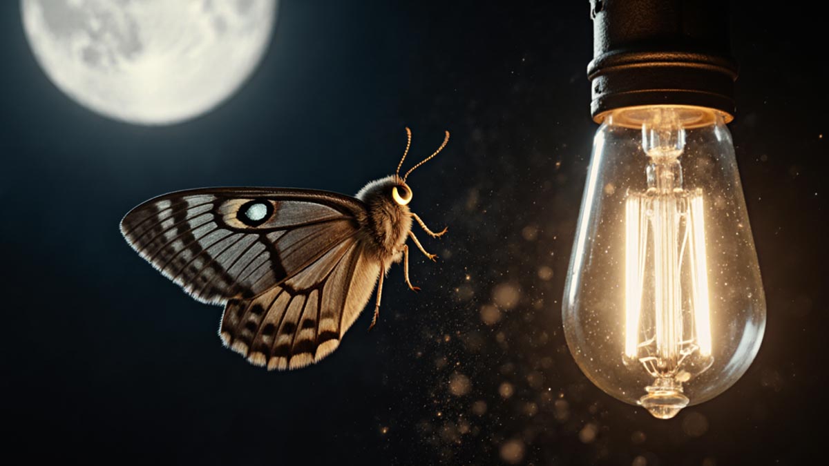 ایک پروانہ رات کے وقت جلتے ہوئے بلب کے گرد چکر لگا رہا ہے، جدید تحقیق کی عکاسی