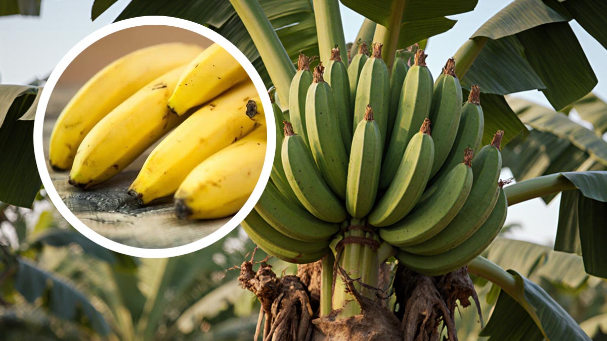 ایک پکے ہوئے کیلے کی تصویر جس کے پس منظر میں کان کنی کا ایک تباہ شدہ علاقہ اور گدلا پانی دکھایا گیا ہے، جو زہریلے اثرات اور ماحولیاتی آلودگی کی عکاسی کر رہا ہے۔